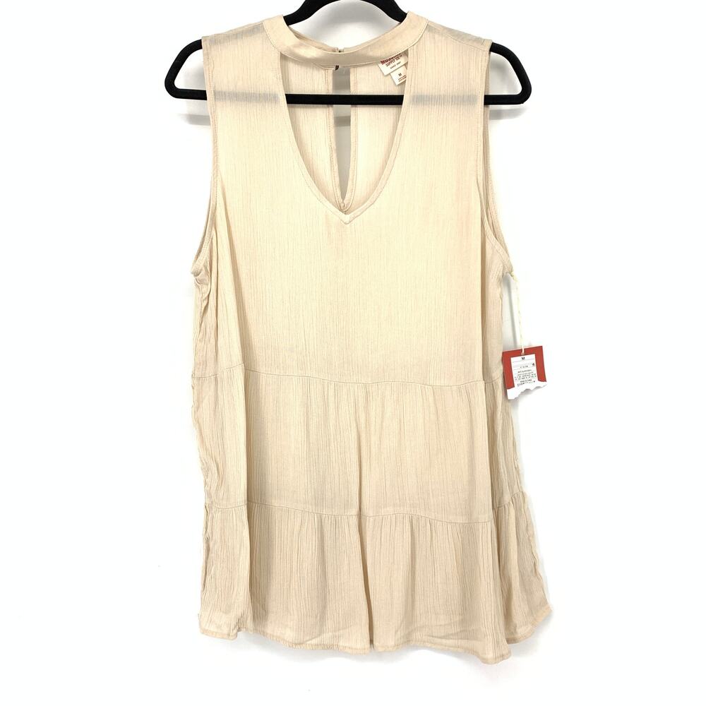 Mossimo Choker V-Neck Sleeveless Tiered Boho Blouse Womens Sz M Beige NEW